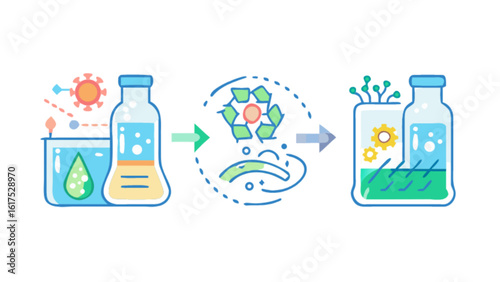 An illustration depicting a scientific process of recycling and transformation in a laboratory setting, showcasing sustainable innovation