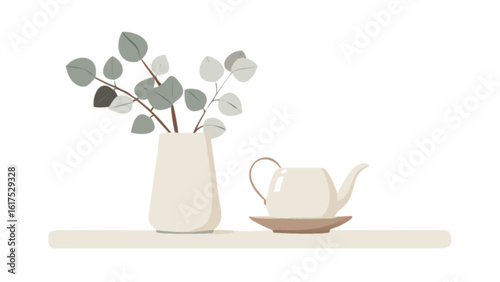 A minimalist illustration of a vase with eucalyptus branches and a teapot on a shelf, creating a serene and decorative still life