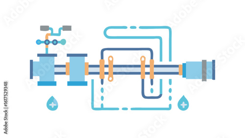 An illustration of a water purification system with pipes, valves, and filters isolated on white background