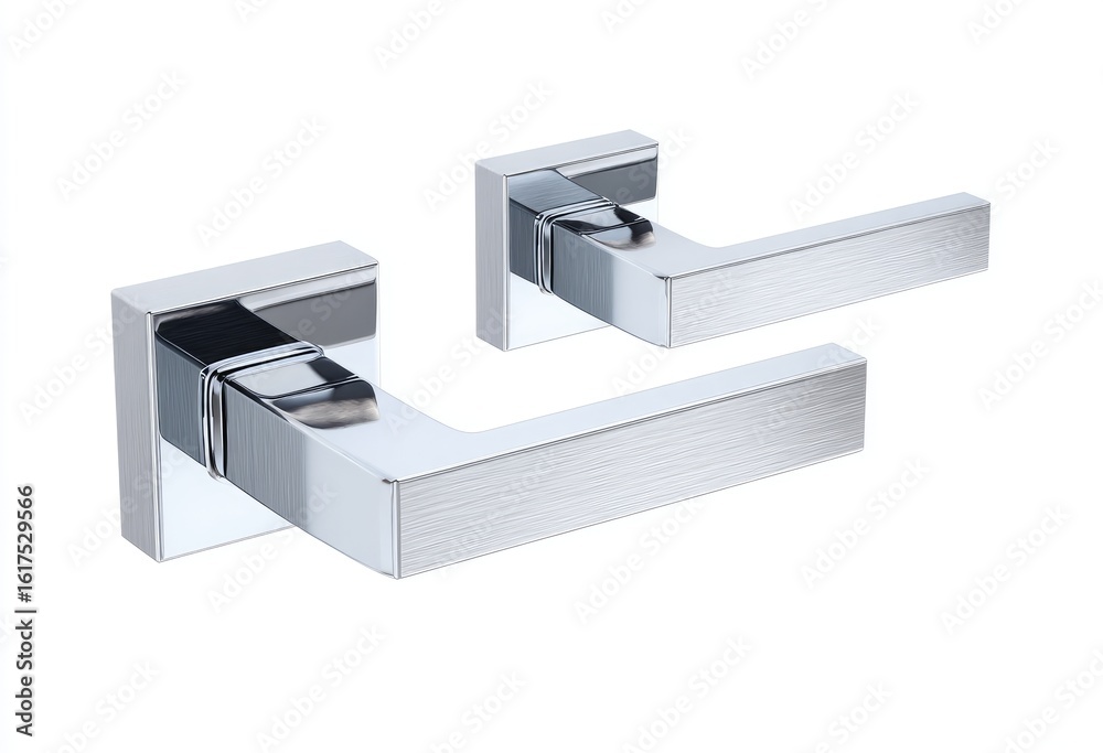 Two modern brushed-metal door handles, one larger than the other, against a white background Two modern brushed-metal door handles, one larger than the other, against a white background