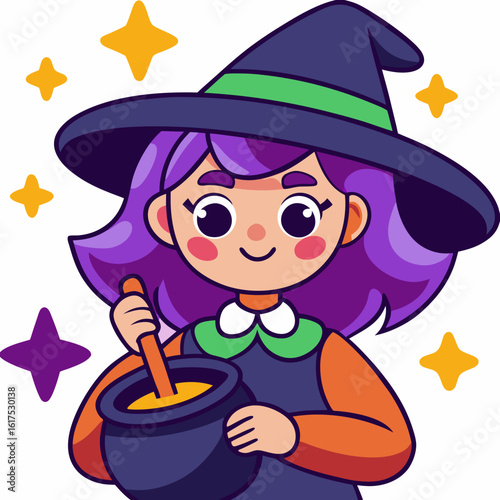 Cartoon witch stirring a potion isolated on white background