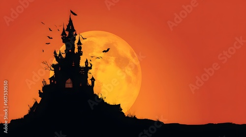 Silhouette of a gothic castle at night under a full moon.