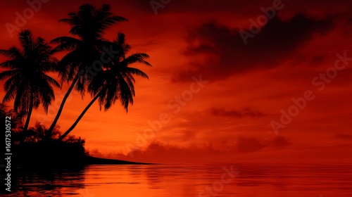 Silhouette of palm trees at fiery sunset over tranquil water.