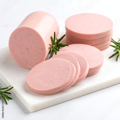 Pink sliced sausage on a white board
