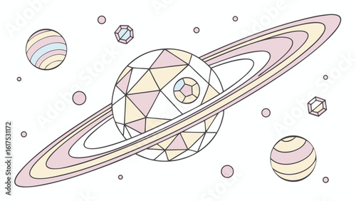 Illustration of a planet with rings and a geometric design surrounded by other planets and gems