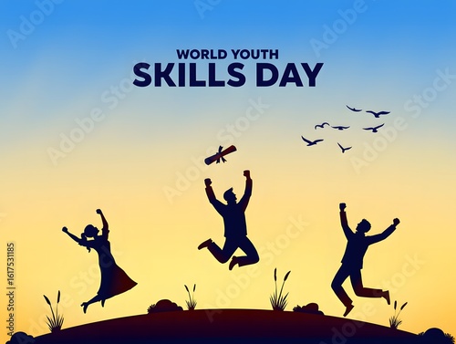 World Youth Skills Day Celebration Silhouettes of People Jumping with Diploma and Birds Flying