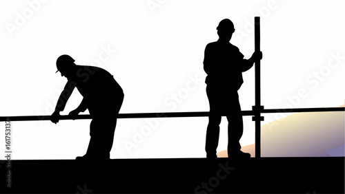 Silhouette of two construction workers working on a scaffolding against a bright white background scene view