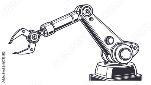 Illustration of a robotic arm with a claw like gripper on a white background in black and white style