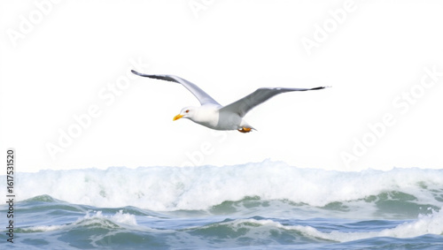 A seagull flying over the ocean with large waves crashing in the background on a bright sunny day created with generated ai