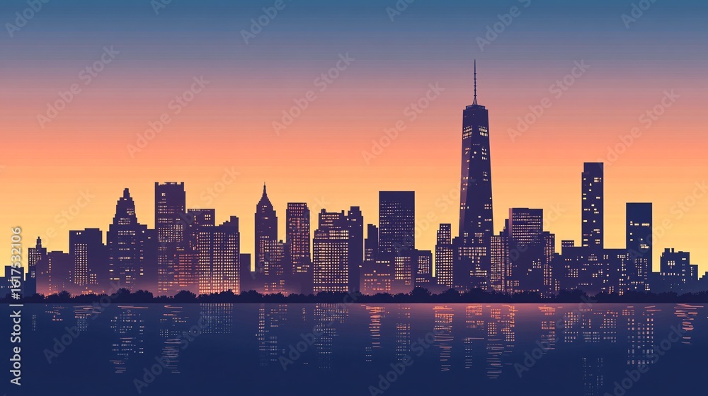 Obraz premium City Skyline at Sunset with Water Reflection