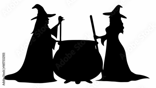 Two witches in silhouette stirring a cauldron with sticks preparing a halloween potion together