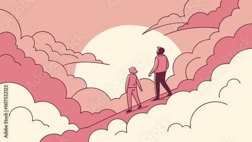 Illustration of two figures walking on a path through clouds towards a large sun in the sky