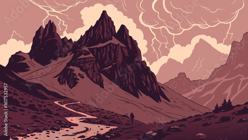 Illustration of a mountain range with a winding path and a figure under a stormy sky landscape view