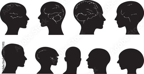 Silhouette Brain Head Profiles: Human Mind Anatomy Illustration