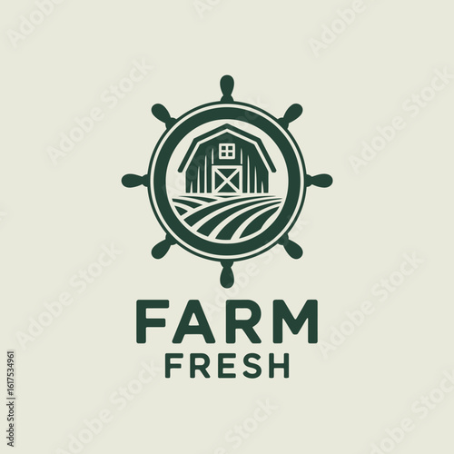 This elegant logo showcases a barn encircled by a ship's wheel, representing fresh farm produce with a blend of rustic and maritime influences for branding purposes.