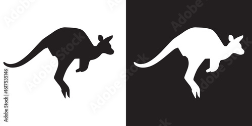 Black kangaroo animal silhouette on white background and white on black background, simplified kangaroo figure for stencil or print art, flat illustration vector image of animal in black and white.