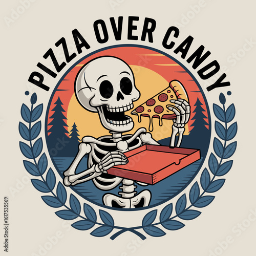 This eye-catching illustration showcases a smiling skeleton with a pizza slice, cheerfully opting for pizza over candy, emphasizing joy and humor, and celebrating individual preferences in a whimsica