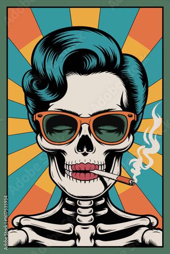 This vivid artwork showcases a skeleton adorned with stylish sunglasses and a cigarette, symbolizing a blend of vintage coolness and modern rebellious essence in an abstract form.