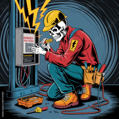 This vibrant illustration features a skeleton electrician interacting with electrical equipment, emphasizing the high voltage and cautionary elements in a colorful style.