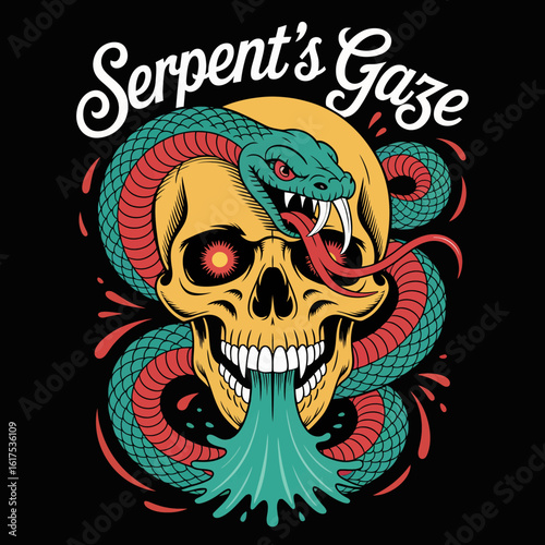 This captivating image titled 'Serpent's Gaze' features a snake poised around a skull, with vivid colors and dynamic splashes that evoke feelings of mystery and allure.