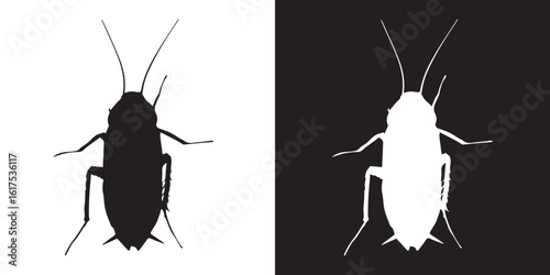 Black cockroach animal silhouette on white background and white on black background, simplified cockroach figure for stencil or print art, flat illustration vector image of animal in black and white.