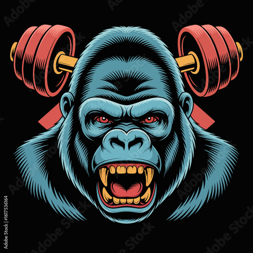 An intense portrayal of a mighty gorilla against a black backdrop, symbolizing strength and perseverance, accentuated by lifting dumbbells, a true representation of fitness spirit.