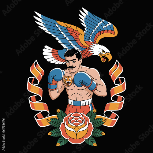 This powerful design depicts a boxer with an eagle and tiger, emphasizing themes of victory, resilience, and courage through bold graphics and vibrant colors.