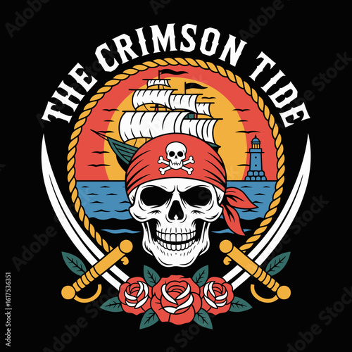 A bold image featuring a pirate skull with crossed swords and roses, showcasing a dramatic scene of adventure and romance in a nautical setting with a ship and lighthouse.