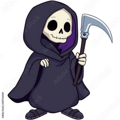 Friendly grim reaper with a tiny scythe