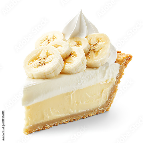 Slice of Banana Cream Pie with Whipped Topping and Fresh Banana Slices