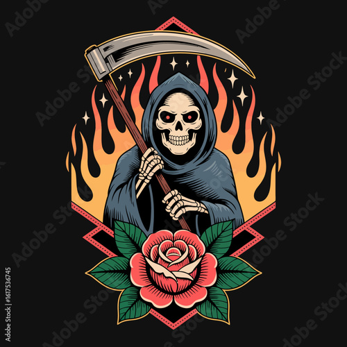 This compelling illustration captures a mysterious Grim Reaper holding a scythe alongside roses, representing the duality of beauty and mortality through a striking artistic lens.