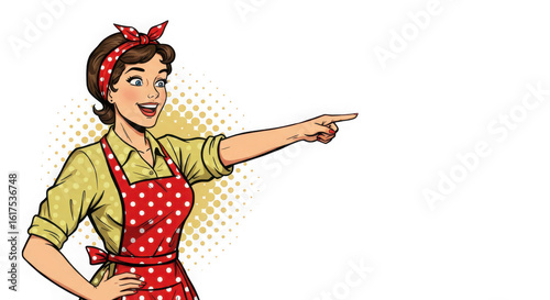 Cartoon woman in apron pointing to the right with halftone transparent background design