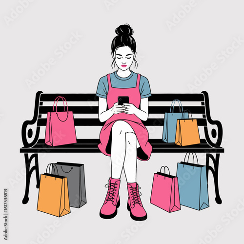 A stylish girl sits on a park bench, absorbed in her phone while surrounded by colorful shopping bags, portraying leisure, modern fashion, and consumer culture.