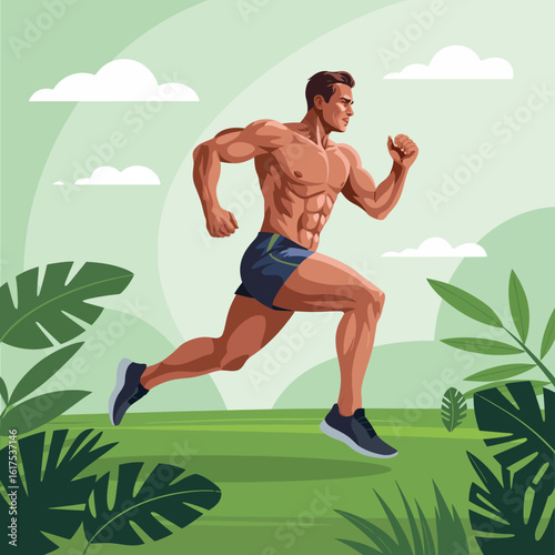 A muscular man energetically running through a vibrant green landscape, epitomizing outdoor fitness and the joy of movement against a bright sky background.