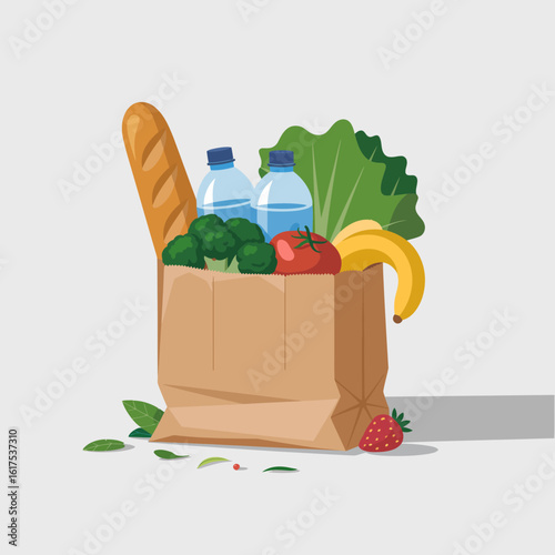 This colorful image features a paper bag brimming with fresh produce and essentials, emphasizing the significance of clean eating and balanced nutrition in our lives.