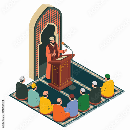 This illustration shows a spiritual leader addressing followers, highlighting the significance of faith, community bonding, and the value of shared spiritual experiences in everyday life.