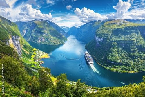 Spectacular fjord landscape with calm waters and steep cliffs in bright daylight showcasing natural beauty