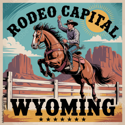 This lively image portrays a cowboy energetically riding a horse in a rodeo event, emphasizing the thrilling lifestyle and culture of Wyoming's rodeo heritage in a scenic landscape.