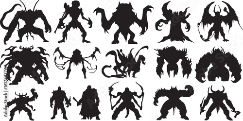 Monster Silhouettes: Fantasy Creatures, Dark Art, Vector Illustration