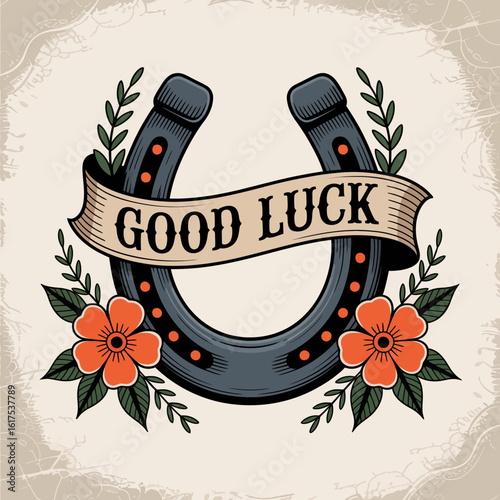This image showcases a beautifully designed horseshoe embellished with flowers and a ribbon announcing 'Good Luck,' symbolizing fortune and positivity in life.