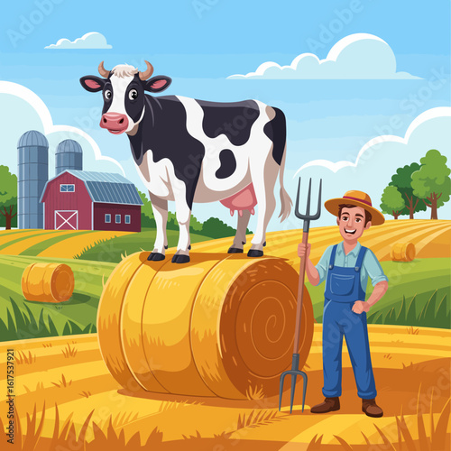 A joyful farmer stands on a straw bale, holding a pitchfork, while a black and white cow balances on top against a beautiful farm background with silos.
