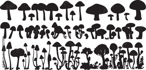 Black Silhouette Mushroom Collection Vector Illustration, Nature Art