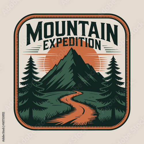 An inspiring artistic design showcasing bold mountain forms beneath a vibrant sunset, symbolizing the essence of mountain expeditions and the spirit of adventure in nature.