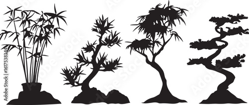 Silhouette Bonsai Trees: Japanese Art, Nature, Black and White, Vector