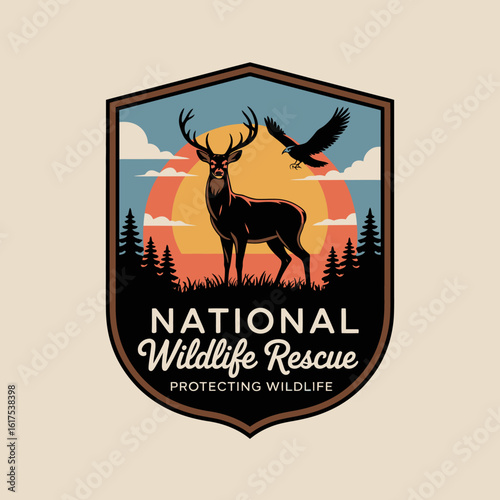 A captivating wildlife rescue badge showcasing vibrant colors and a striking deer design, promoting the mission to protect and conserve wildlife in natural habitats.