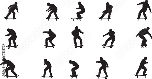 Silhouette Skateboarder Action Sequence: Skateboarding Poses, Black & White