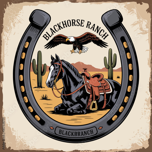 In a stunning visual, a black horse and eagle are featured under a horseshoe, symbolizing strength and good fortune within a Western ranch-themed environment.