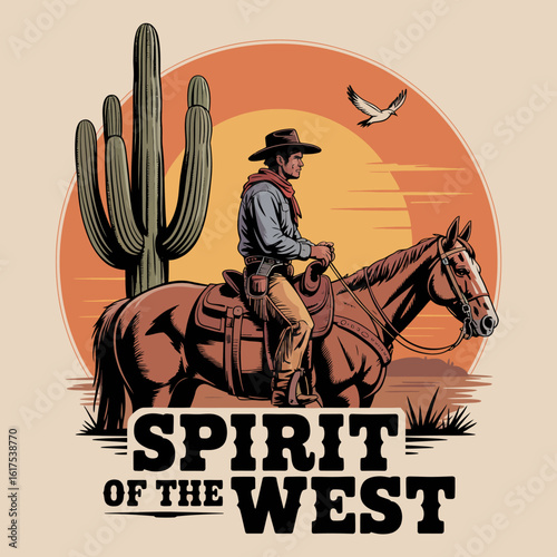A solitary cowboy rides his horse against a stunning desert sunset, surrounded by cacti, embodying the spirit of the West with a sense of adventure and freedom.