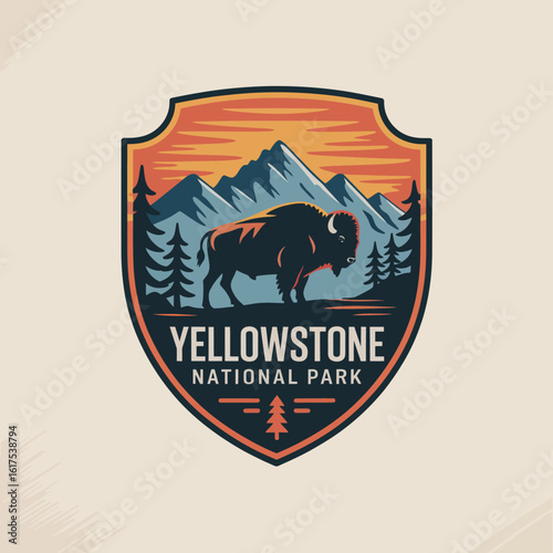 An artistic representation of Yellowstone featuring a bison and scenic mountains with a glowing sunset, reflecting the beauty and spirit of this treasured national park.
