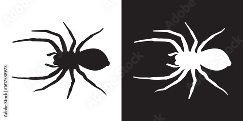 Black spider animal silhouette on white background and white on black background, simplified spider figure for stencil or print art, flat illustration vector image of animal in black and white.